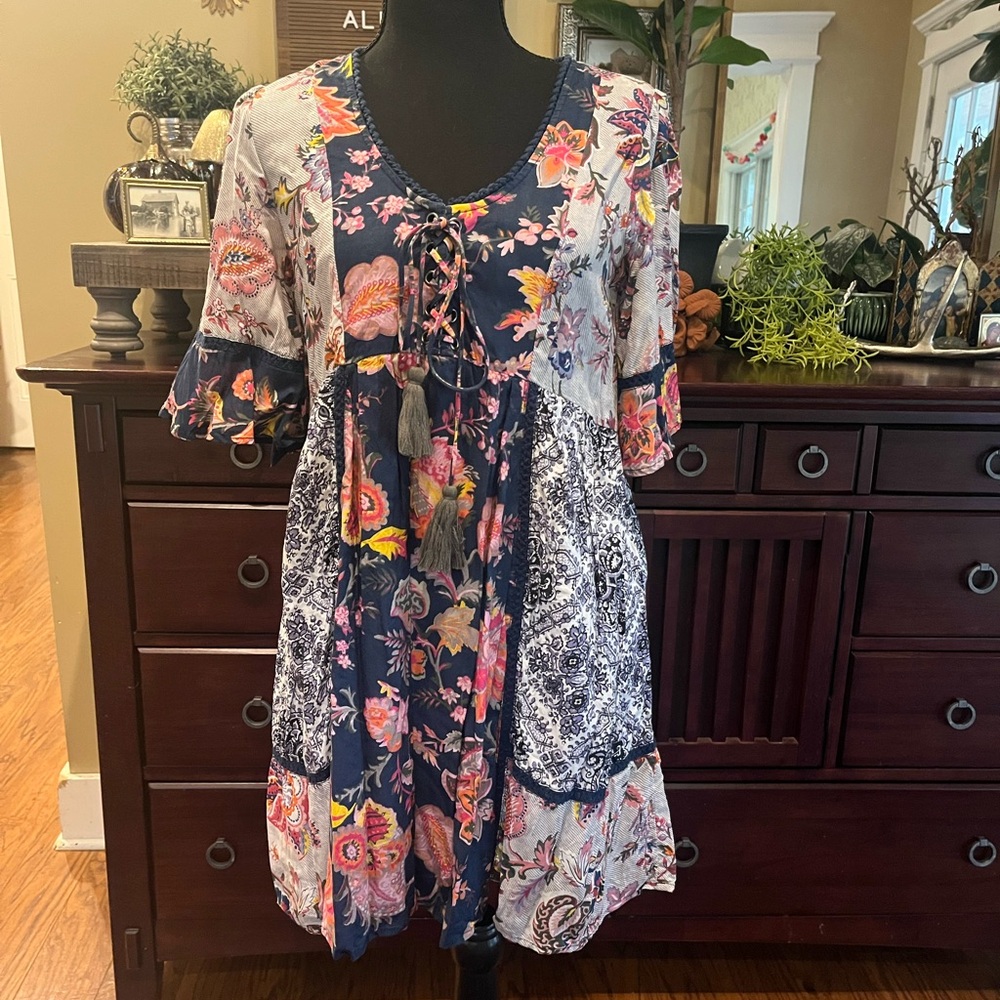 Anthropologie Lilka Multicolor Patchwork Trapeze Dress Sz XS Petite